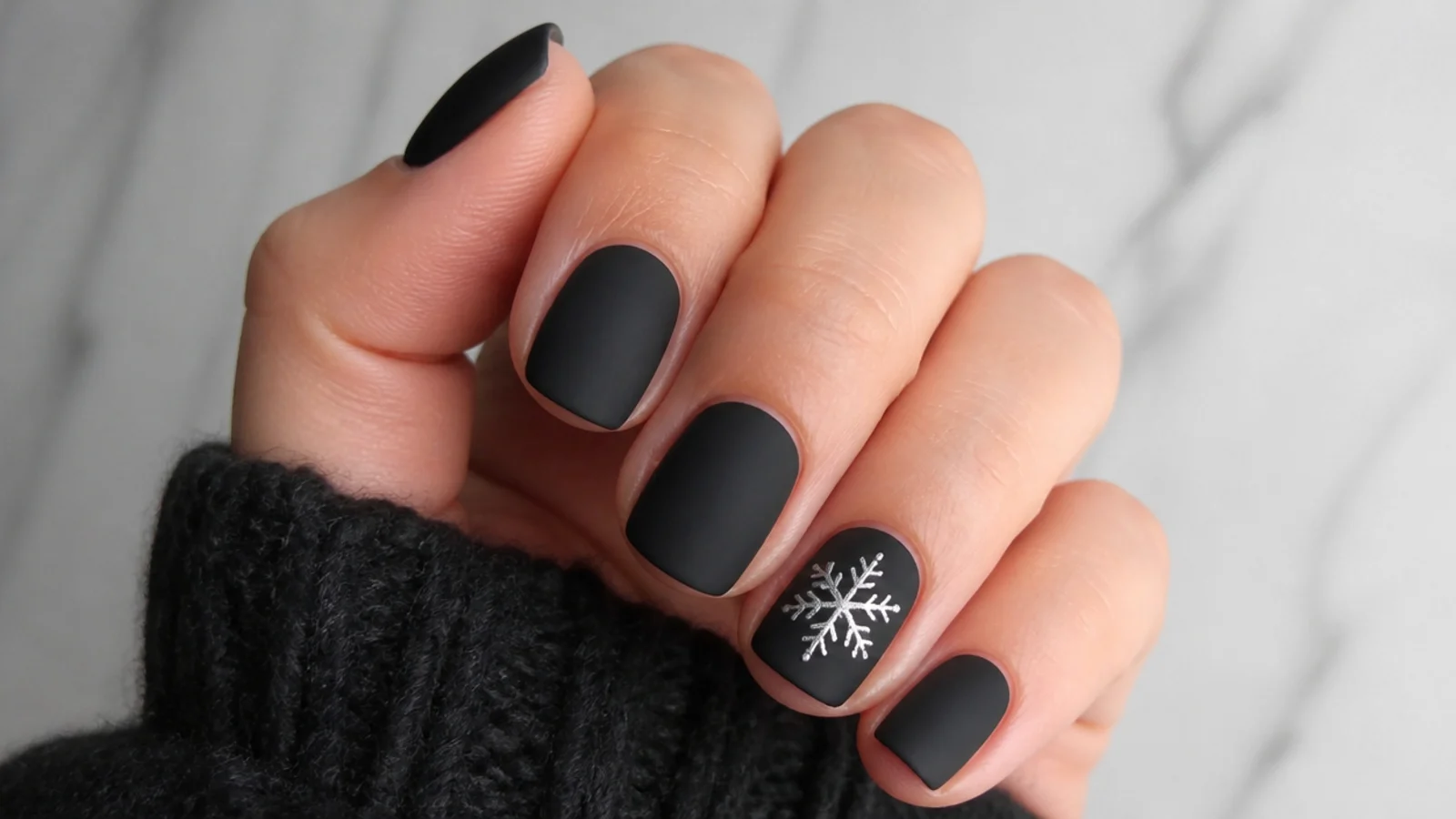 Short matte black nails with a silver snowflake accent nail