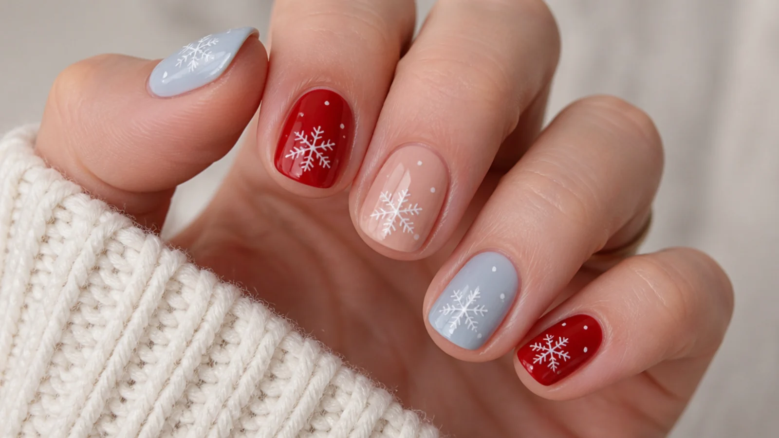 Swatches of icy blue, red and nude short nails each with a white snowflake