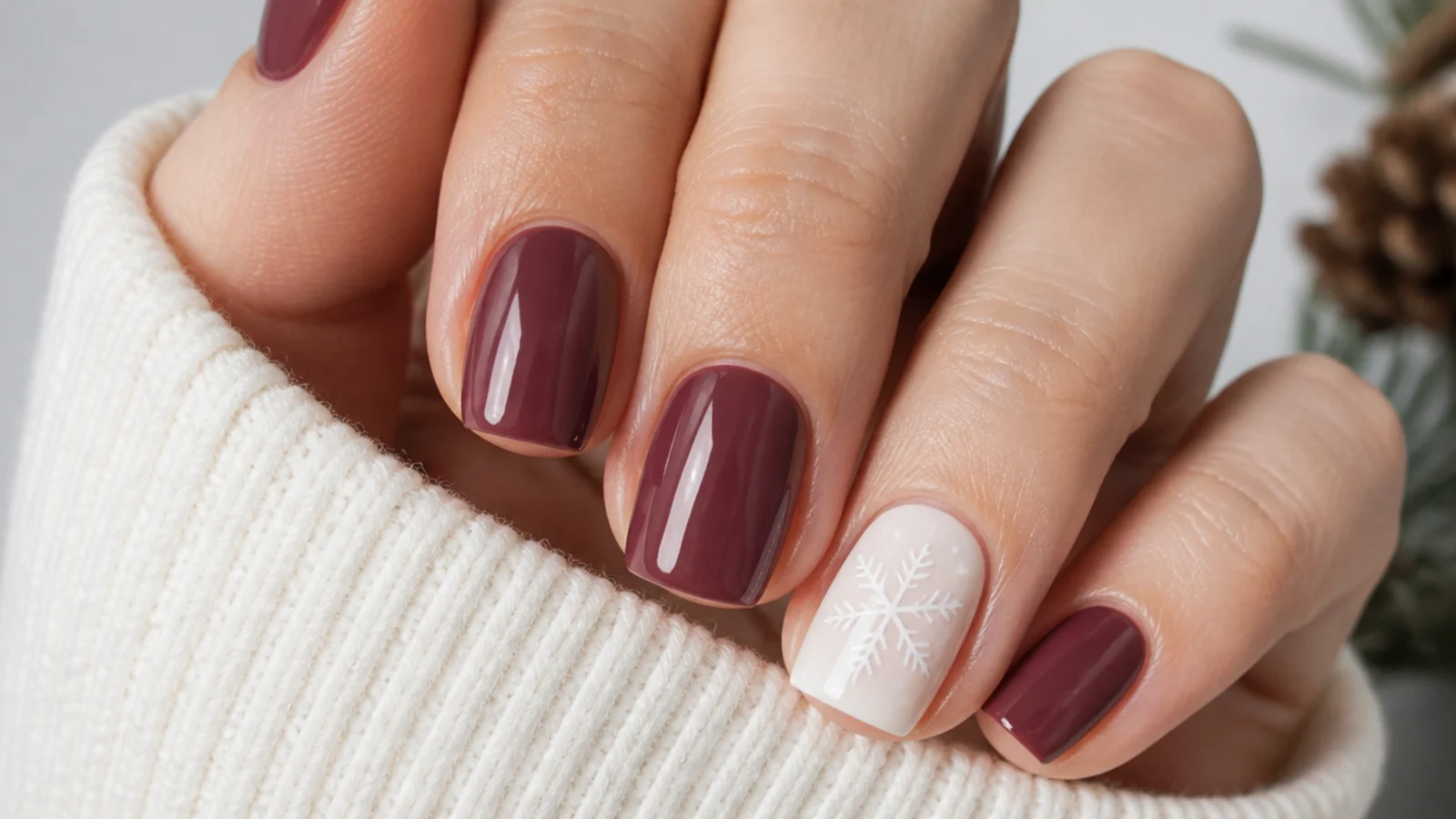 A short square manicure with four solid nails and one white snowflake accent