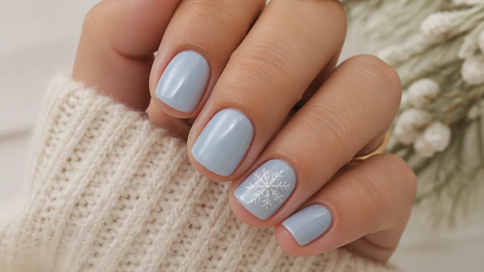 Short icy blue nails with a single white snowflake accent nail