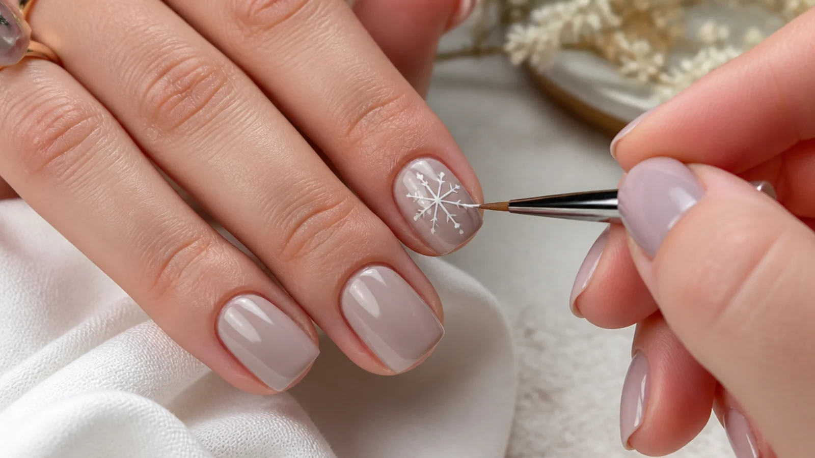 A fine brush drawing a white plus sign then diagonals into a snowflake on a short nail