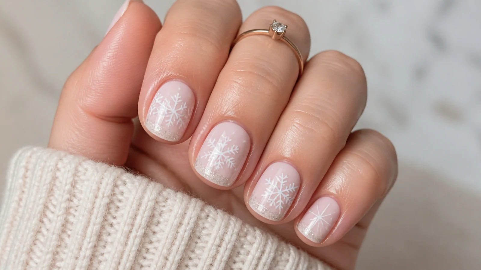 A sealed short snowflake manicure with cuticle oil for longevity