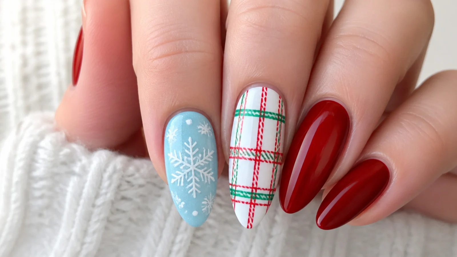 An icy blue snowflake nail beside a red-and-green Christmas nail for comparison