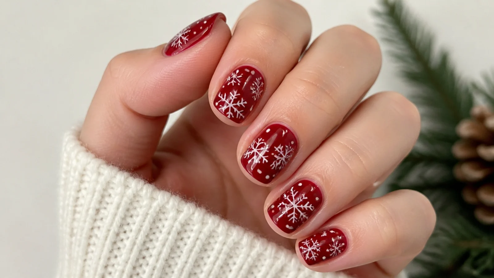 White snowflakes on a deep red base, festive short nails