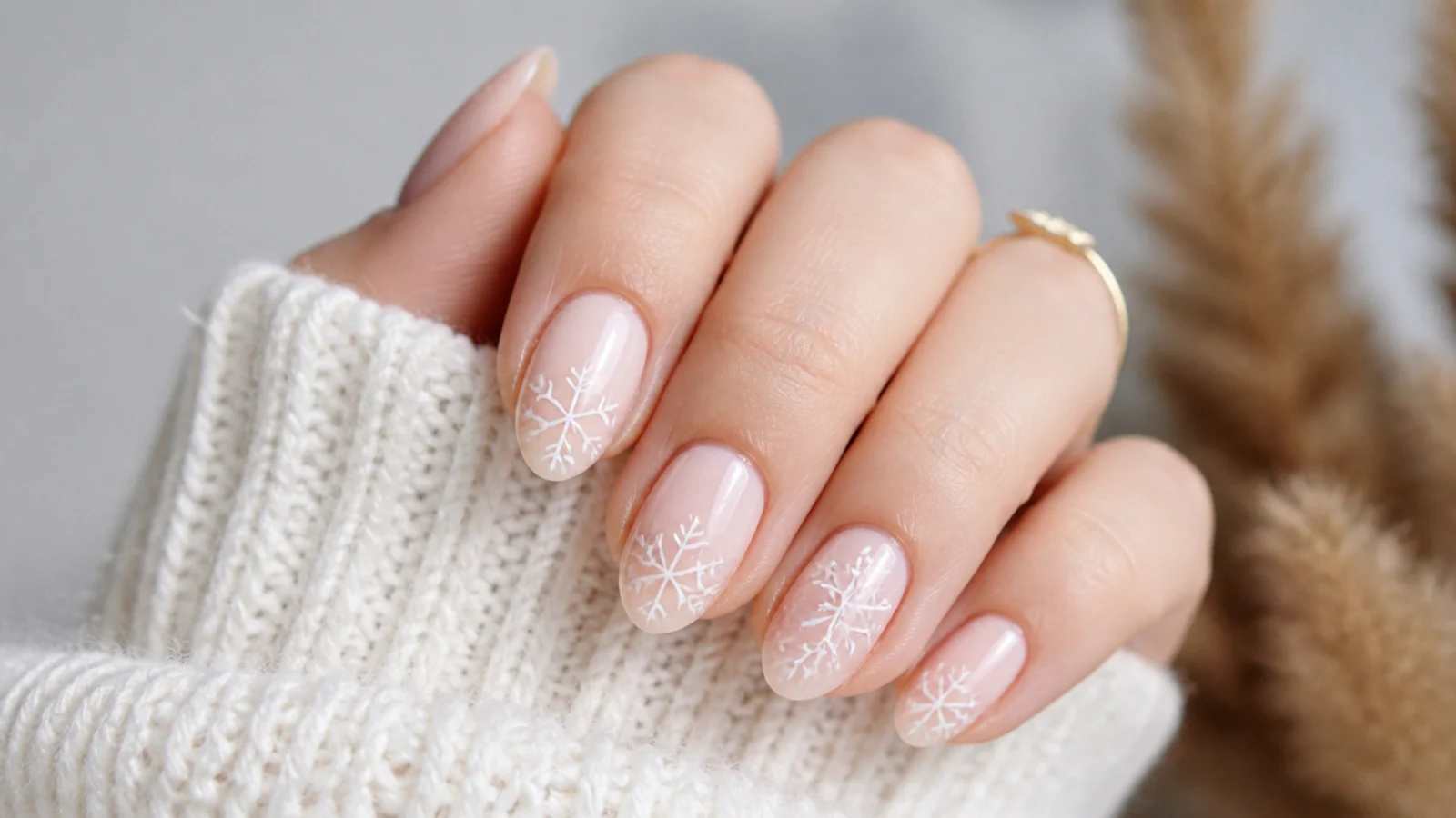 Soft white snowflake on a milky nude base, work-appropriate nails