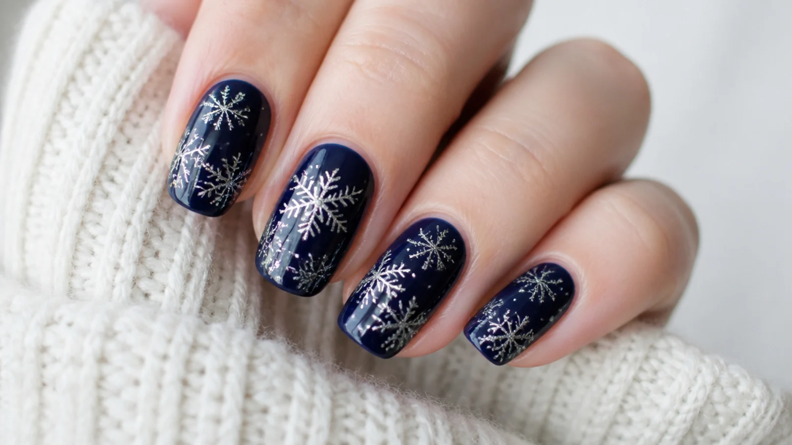 Silver snowflake on a deep navy base, elegant winter nails