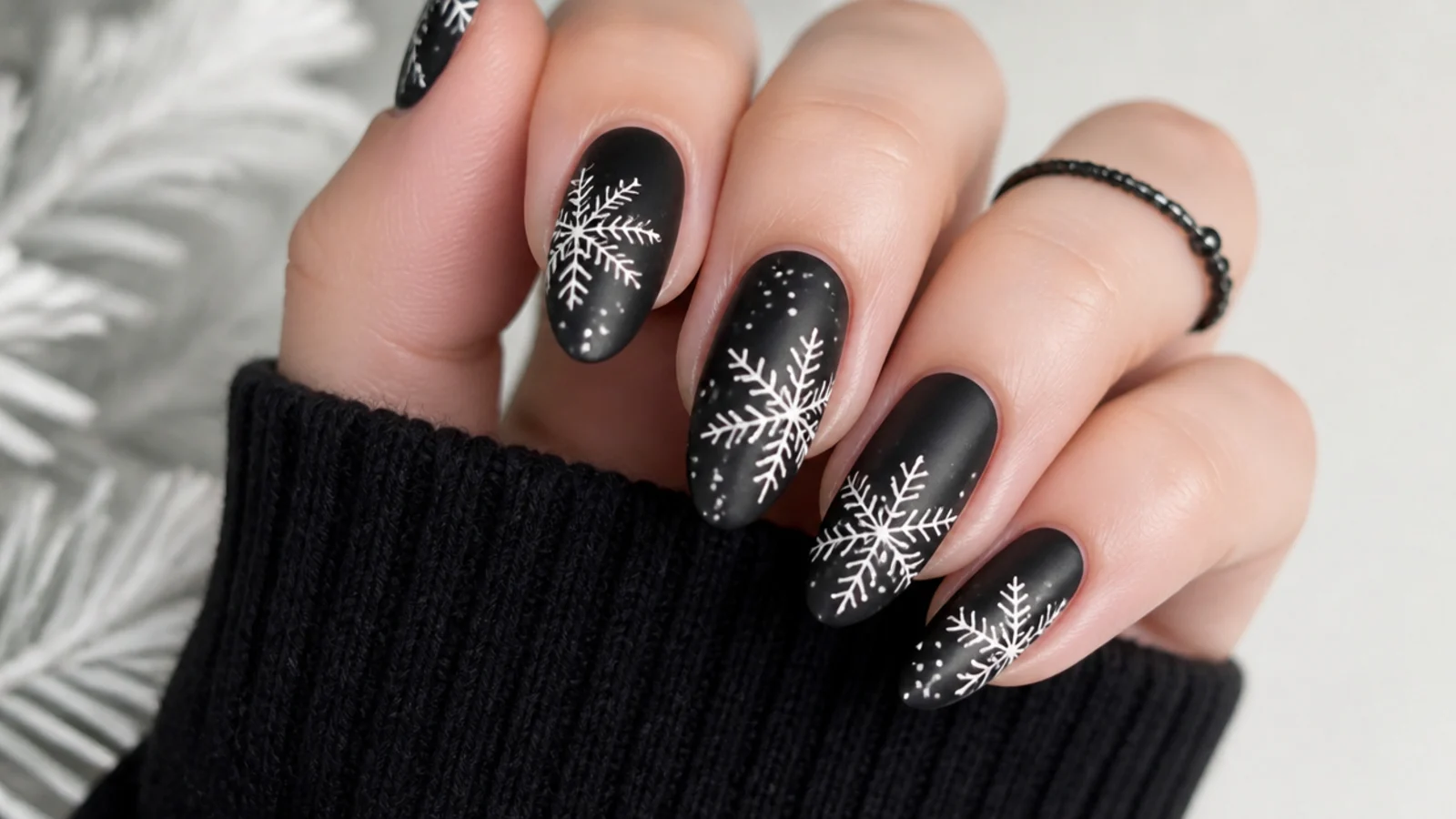 White snowflakes on a matte black base, graphic winter nails