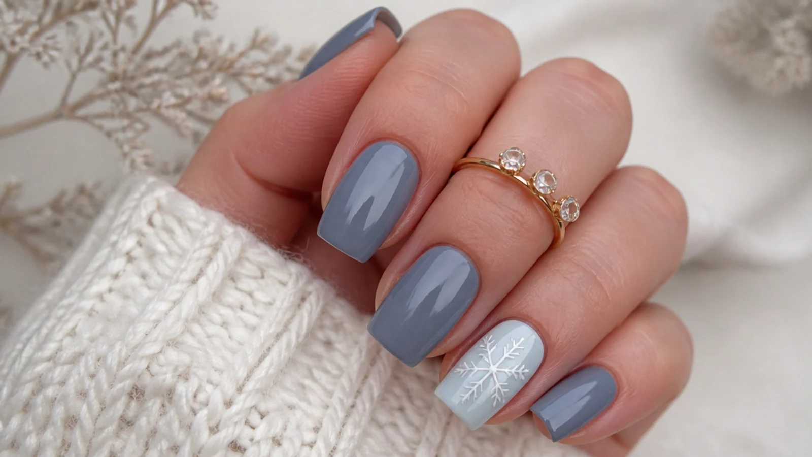 One snowflake accent nail with the rest in solid winter color