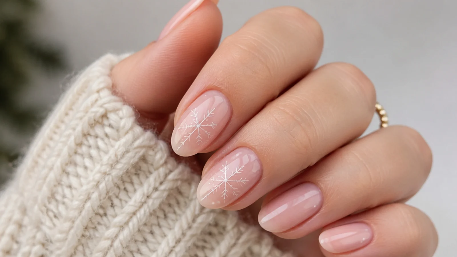 Thin single-line snowflake on a sheer base, minimalist nails