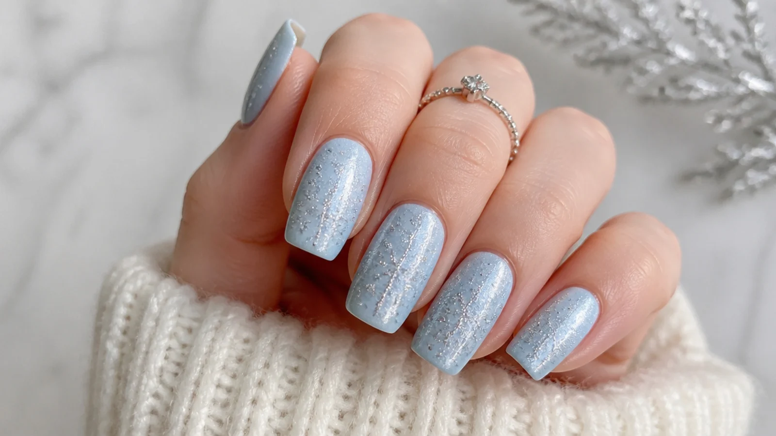 Silver glitter snowflake on an icy blue base, sparkly winter nails