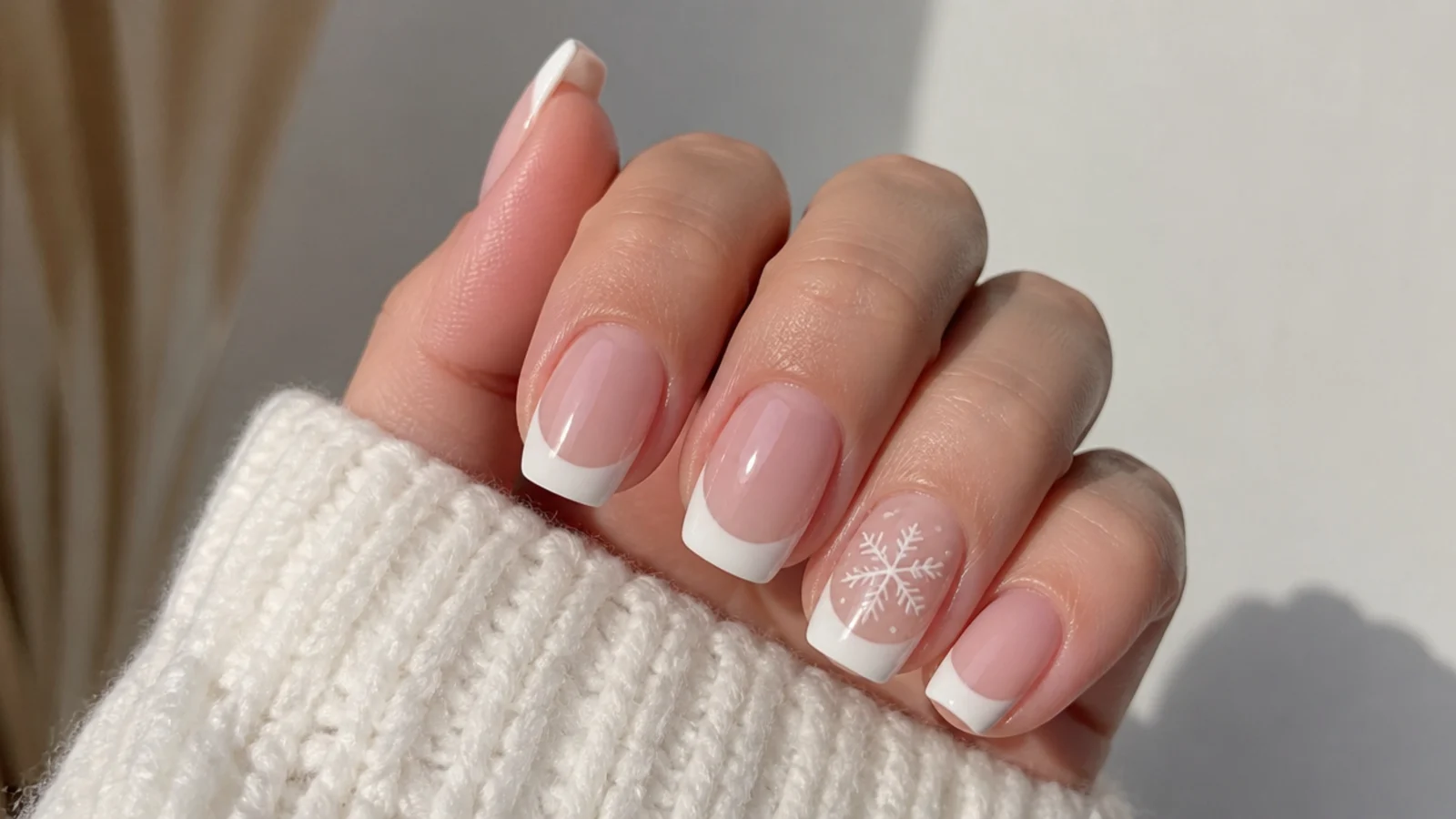 White French tips with a small snowflake on the accent nail