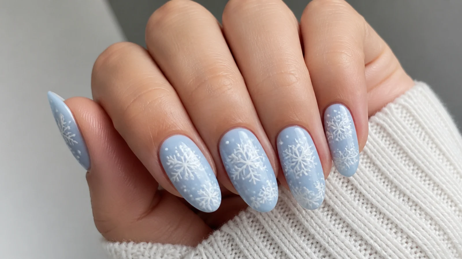 White snowflakes across soft baby blue nails, all-over winter set