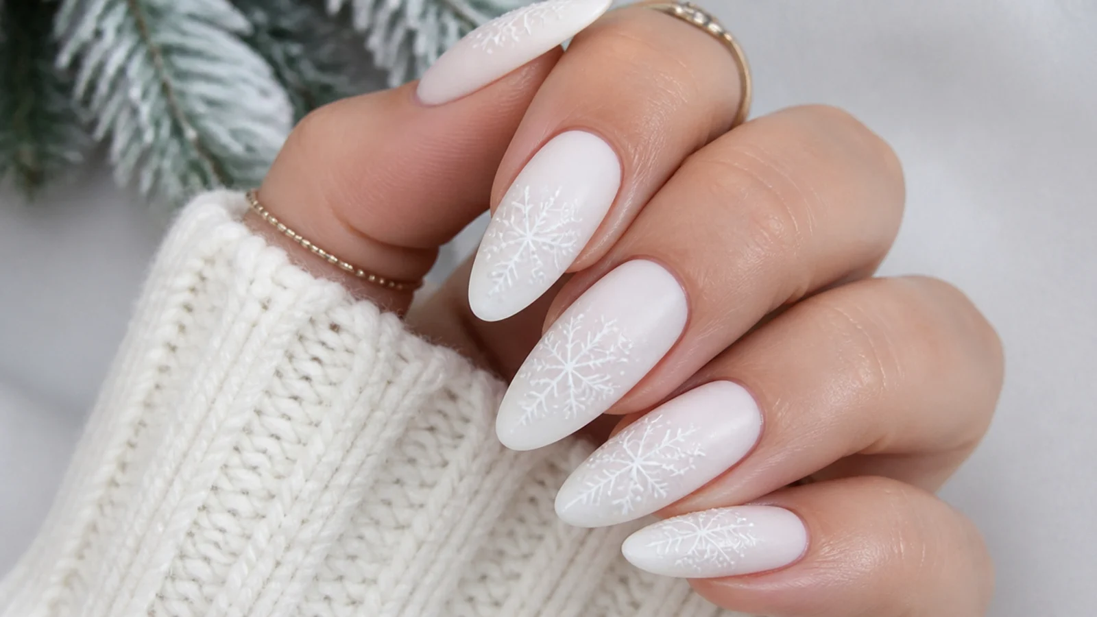 Glossy white snowflake on a matte white base, tonal winter nails