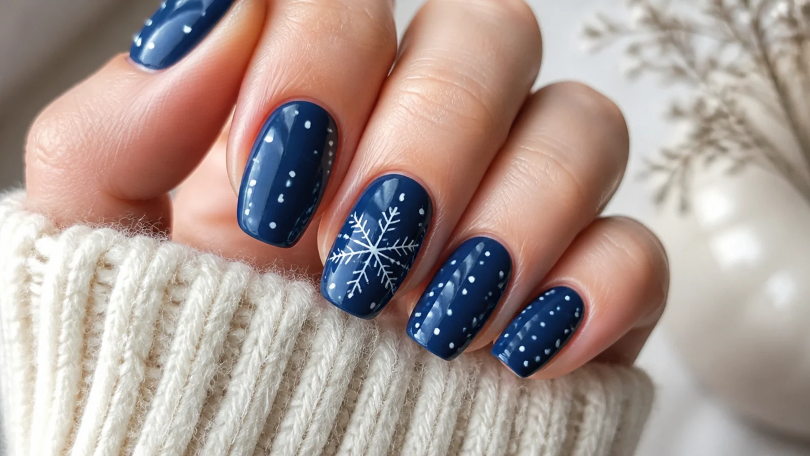 One snowflake surrounded by scattered white dots on a blue base