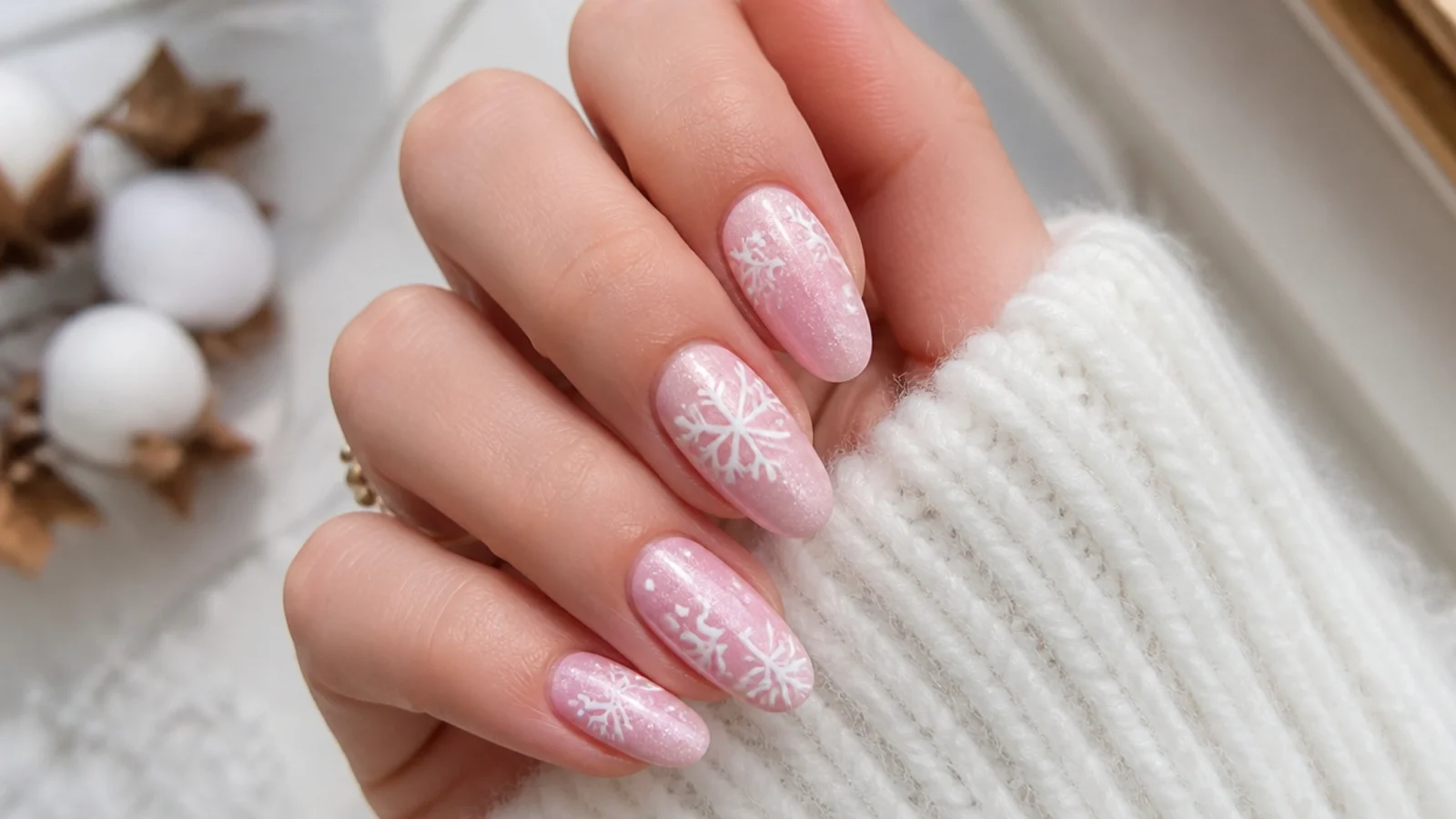 White snowflake on a soft pastel pink base, sweet winter nails