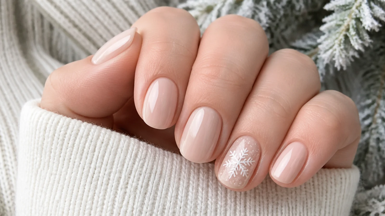 Tiny white snowflake on one short nail over a wintry base