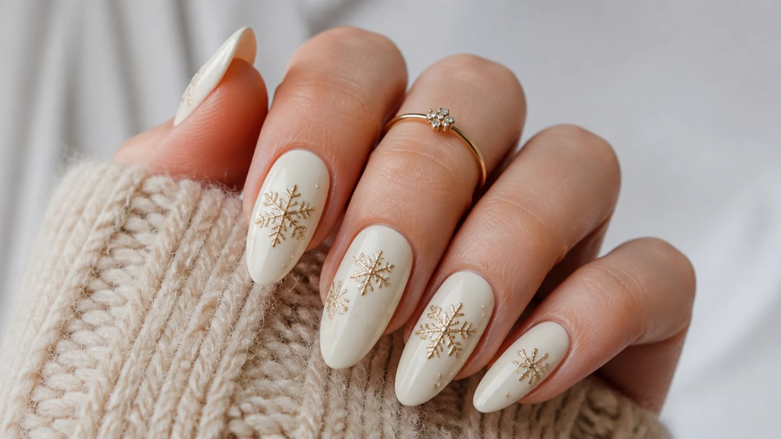 Gold snowflake on a warm cream base, warm-toned winter nails