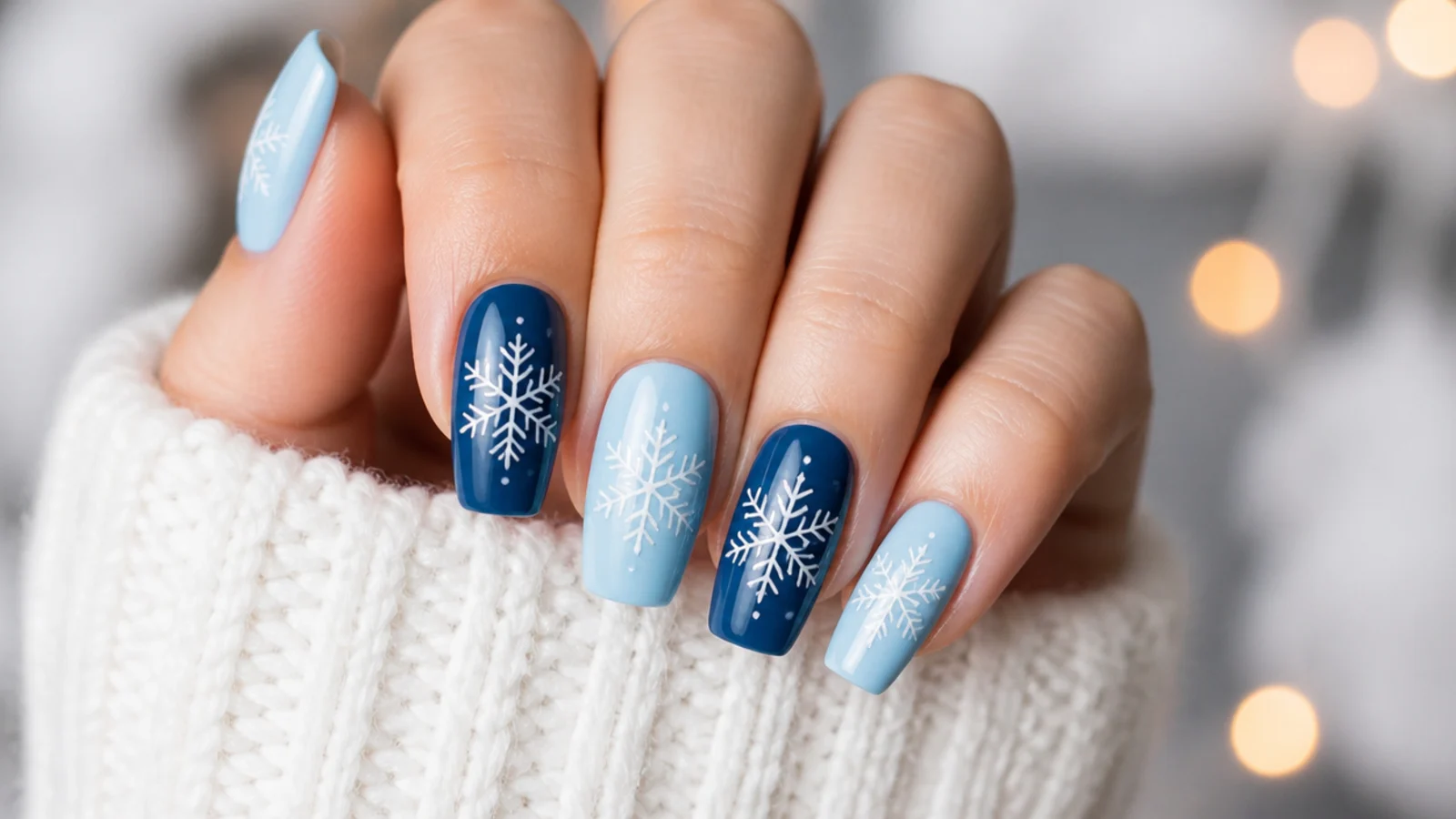 Alternating light and dark blue nails with white snowflakes