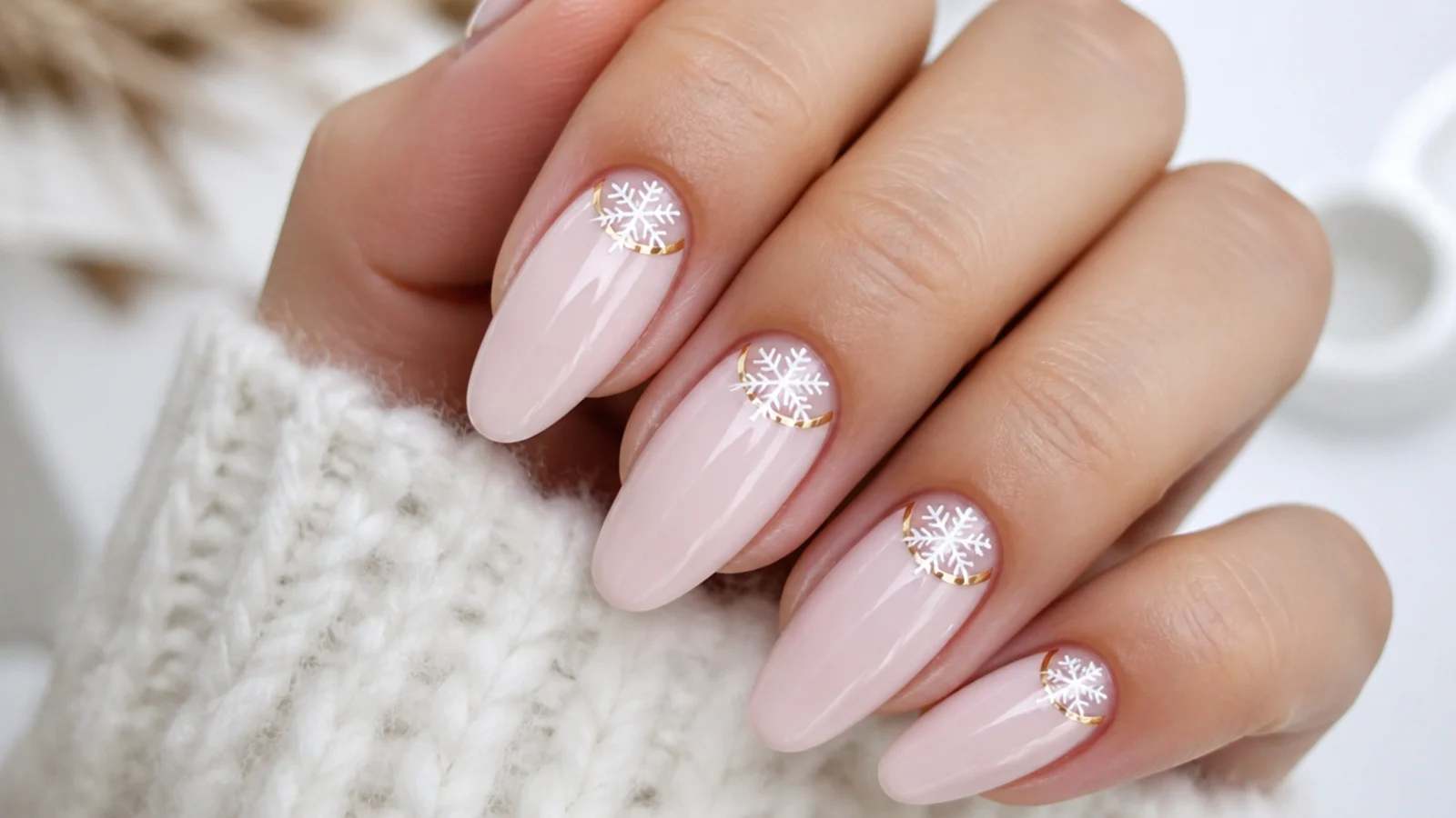 White snowflake at the base with a half-moon accent, winter nails