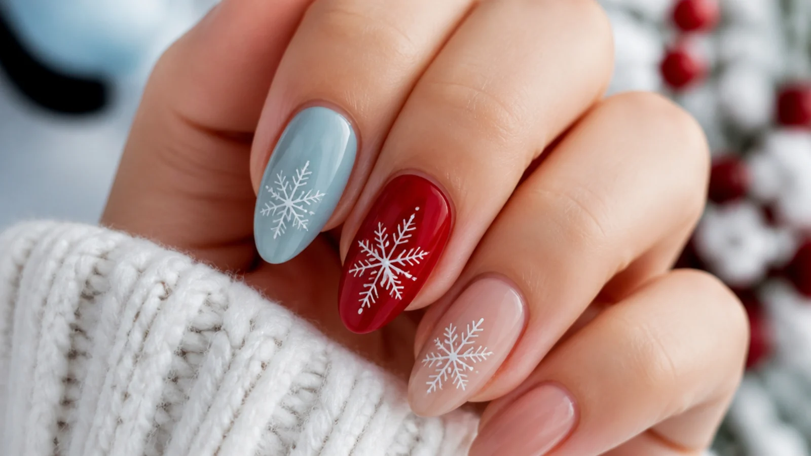 Icy blue, red and nude nails each with a white snowflake side by side