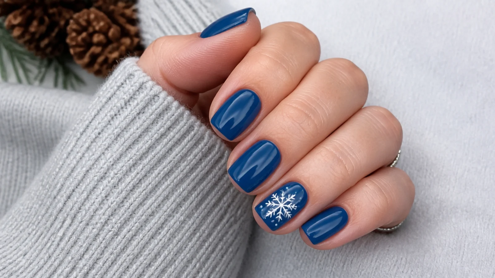 Short nails in solid blue with one small white snowflake accent nail