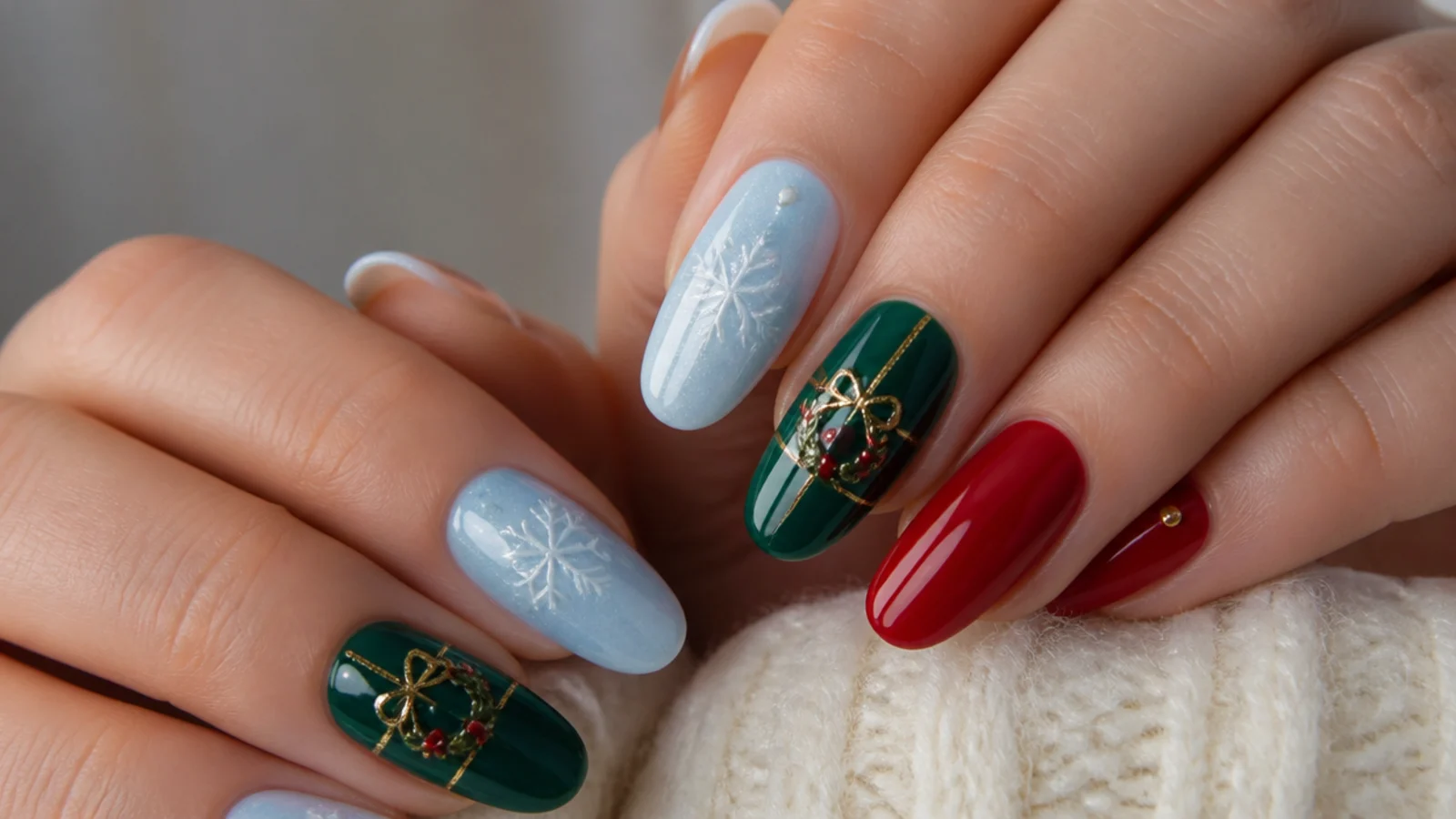 An icy blue snowflake nail beside a red and green Christmas nail
