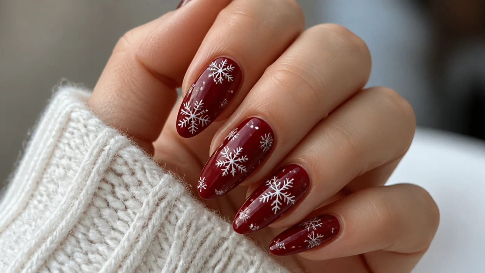 Deep red acrylic nails with white snowflakes for Christmas