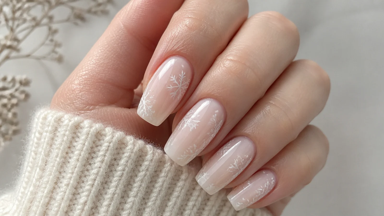 Milky nude acrylic nails with faint white snowflakes for work