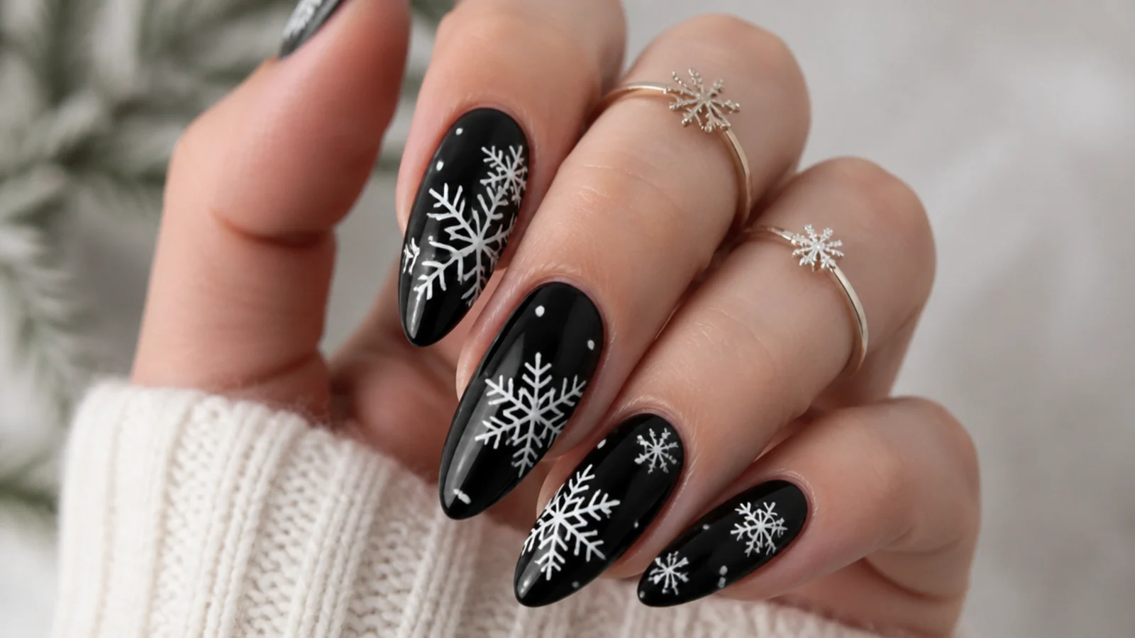 Black acrylic nails with crisp white snowflakes in a graphic style