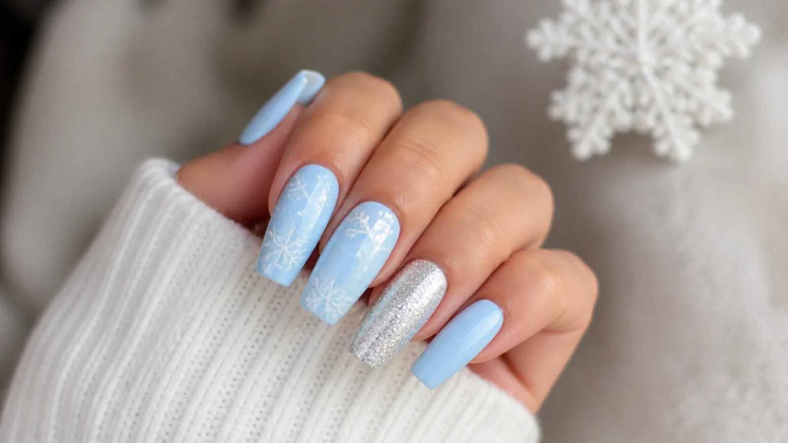Baby blue acrylic nails with white snowflakes and silver glitter accent