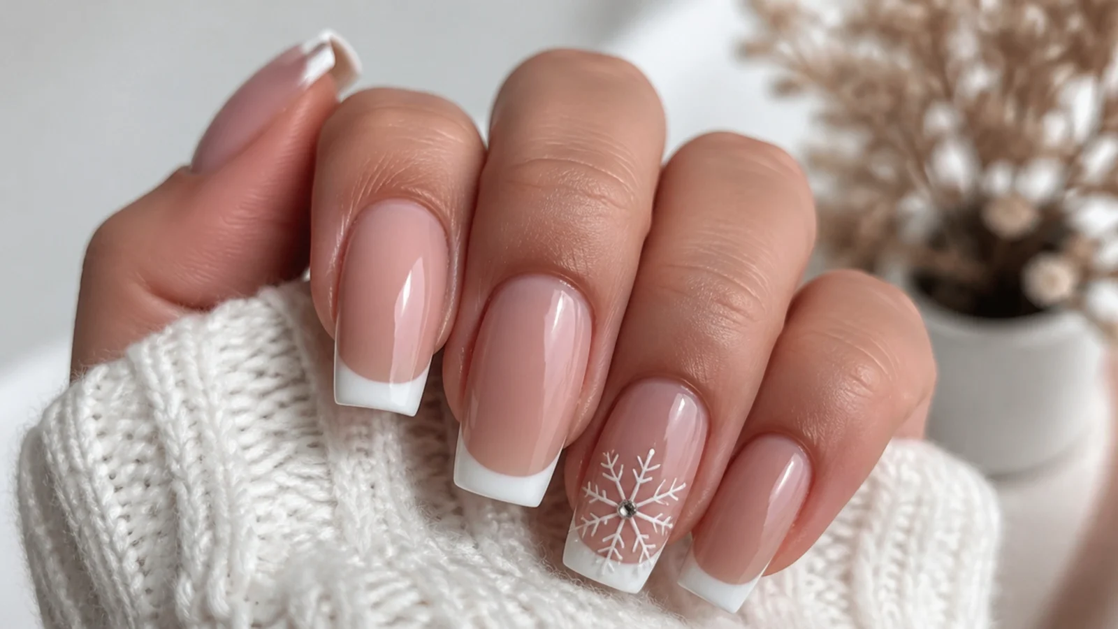 Nude acrylic nails with white French tips and a snowflake accent