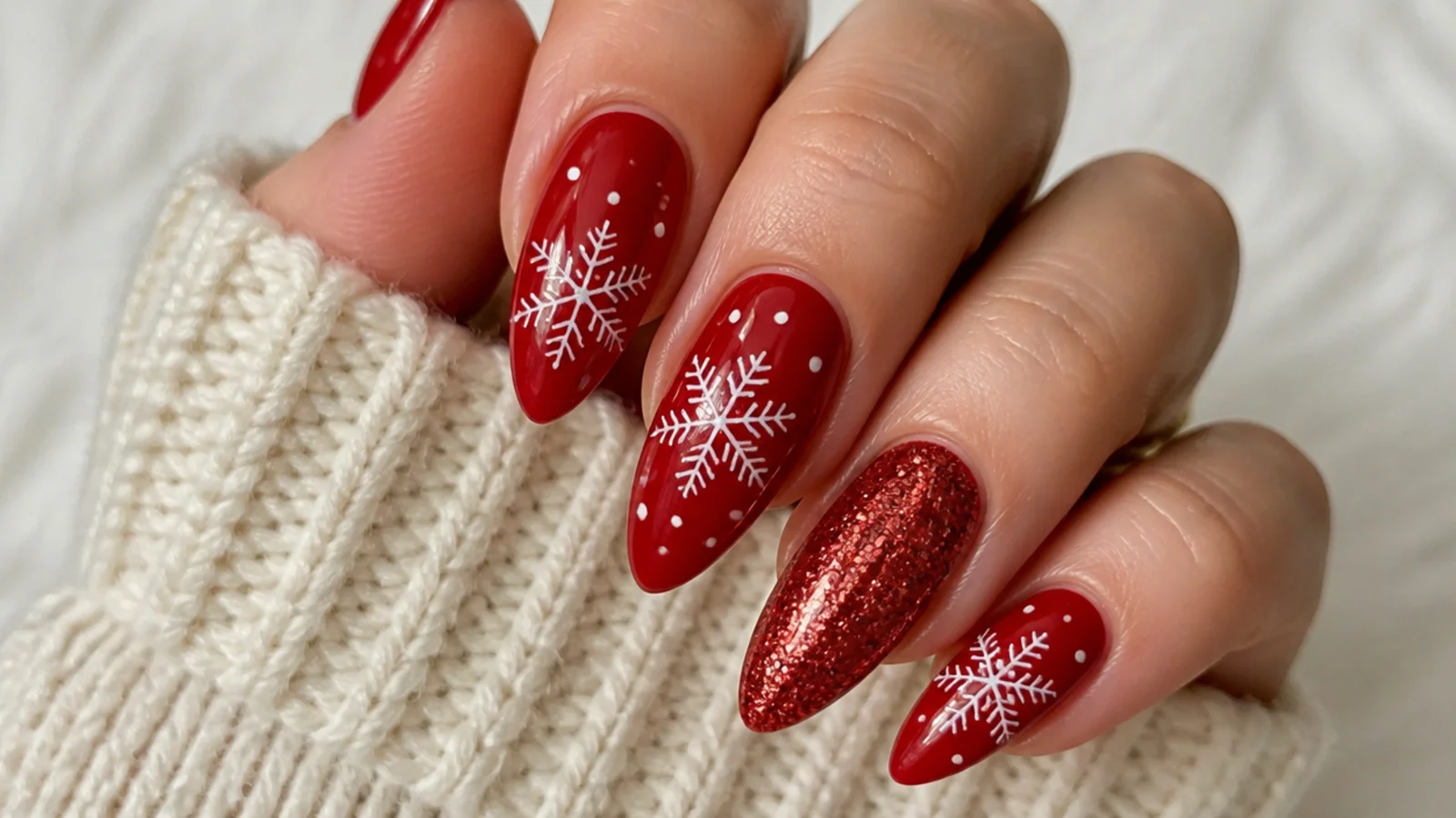 Red acrylic nails with white snowflakes and one red glitter nail