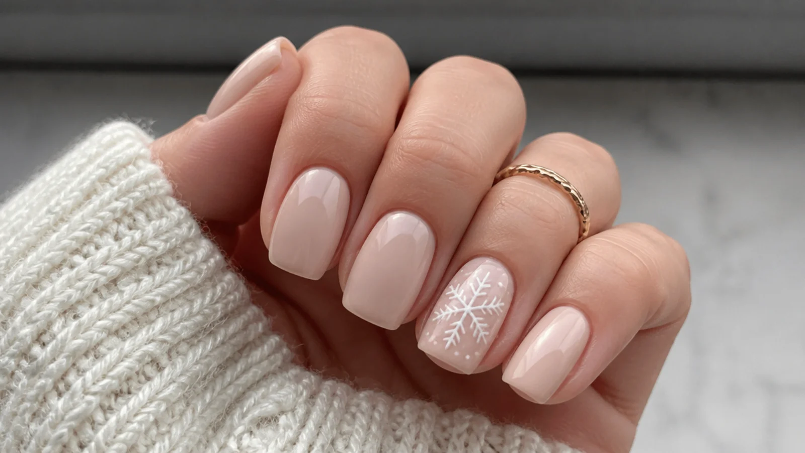 Short nude acrylic nails with one white snowflake accent nail