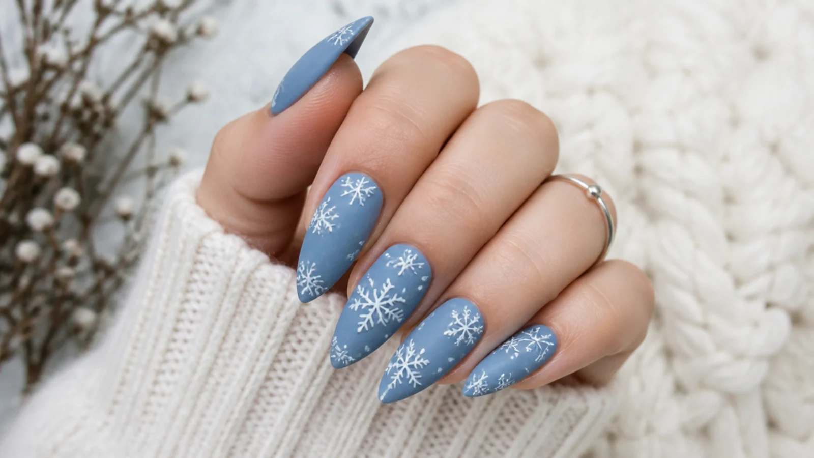 Matte dusty blue acrylic nails with white snowflakes