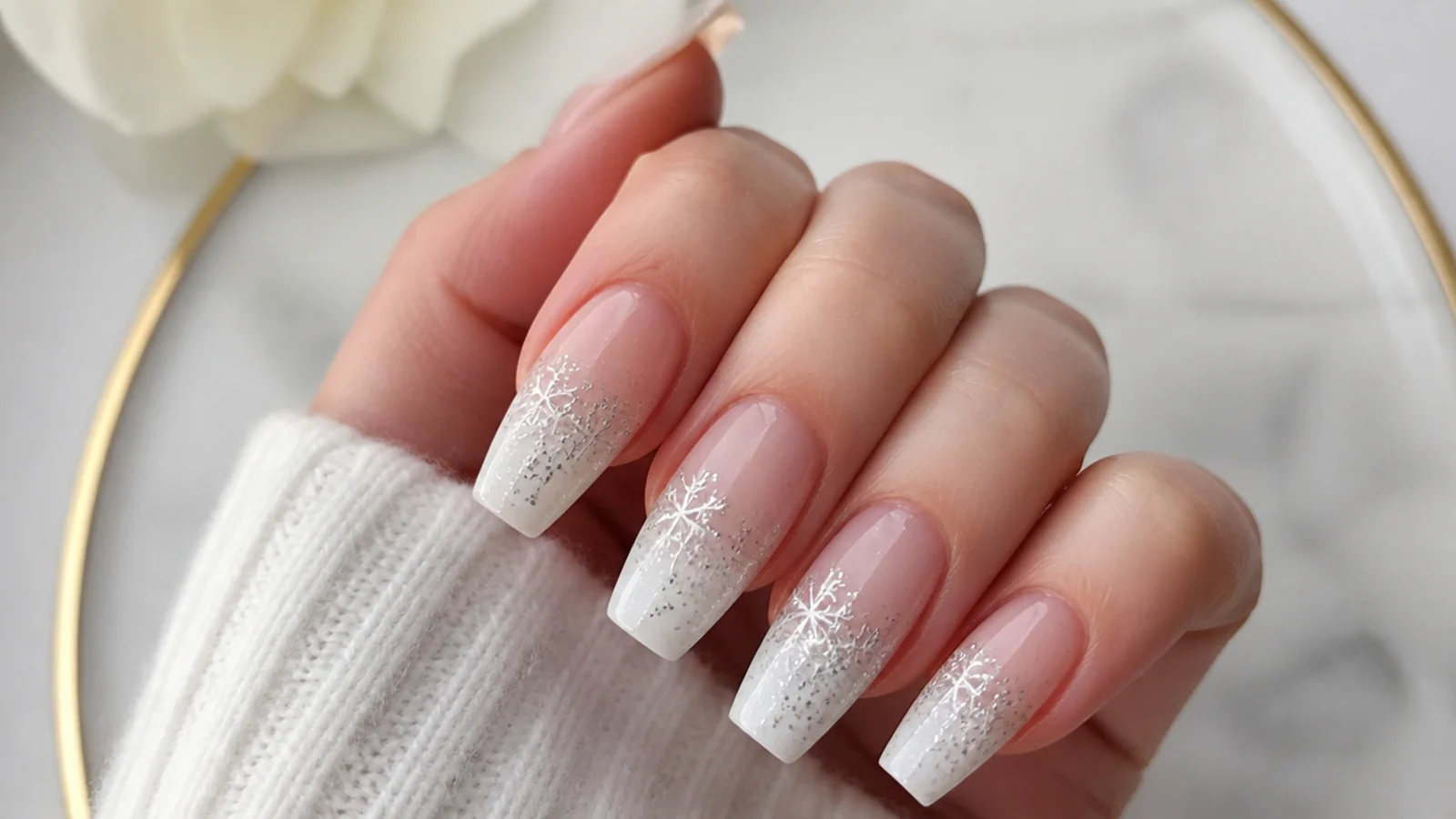 White to clear ombre acrylic nails with silver snowflakes
