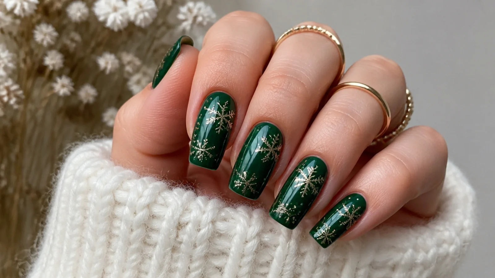 Emerald green acrylic nails with gold snowflakes for the holidays