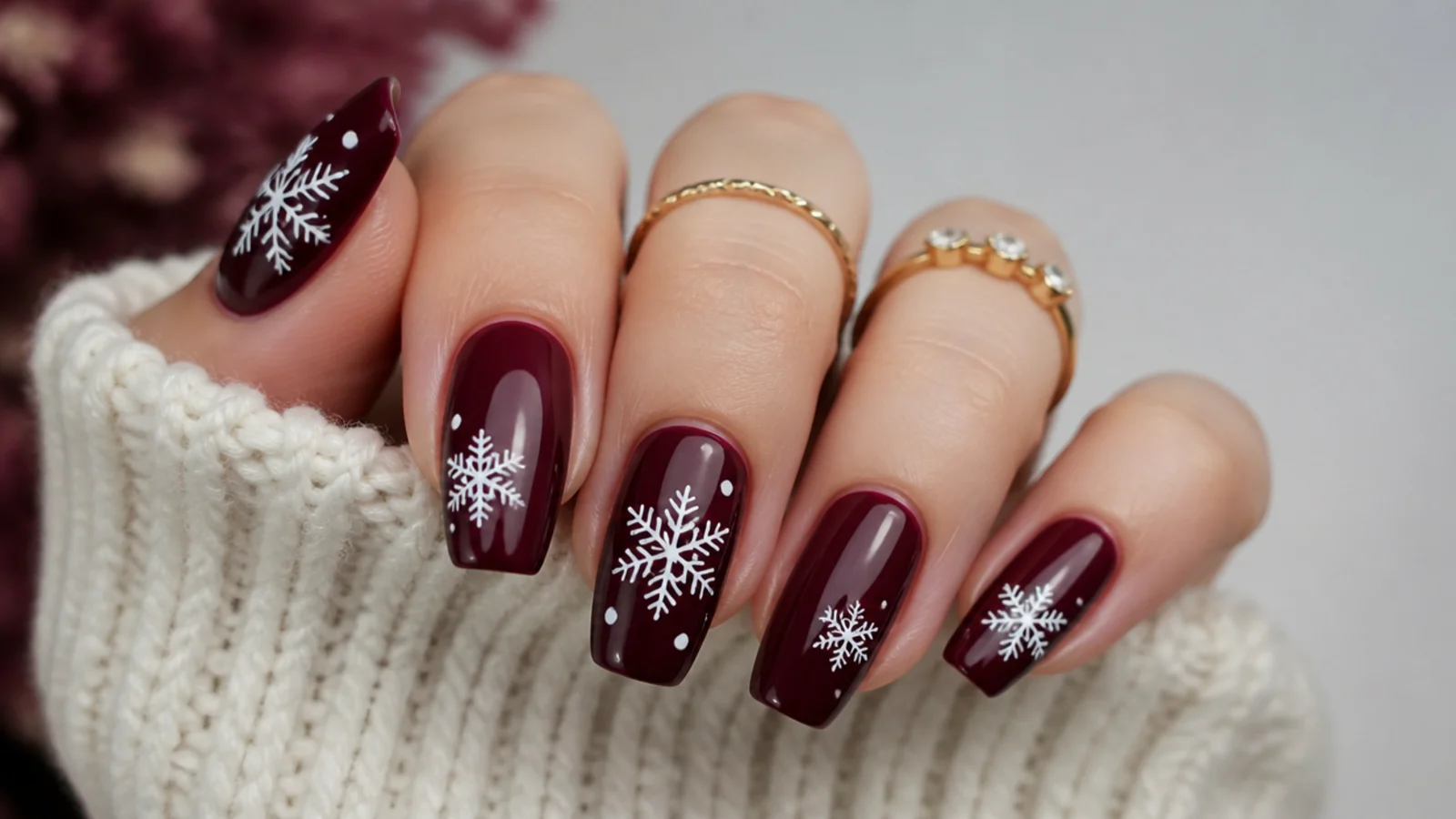 Deep burgundy acrylic nails with white snowflakes