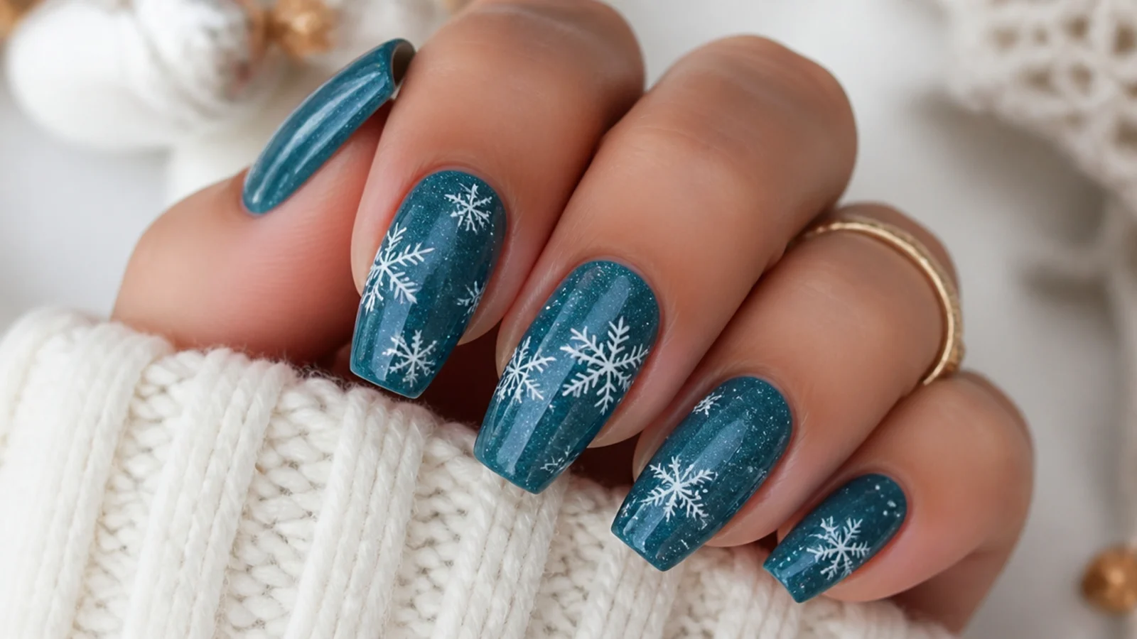 Teal acrylic nails with white snowflakes for a cool winter look
