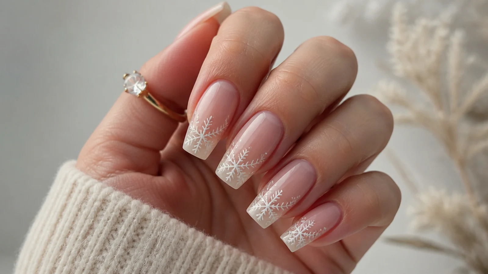 Clear acrylic nails with white snowflakes painted at the tips
