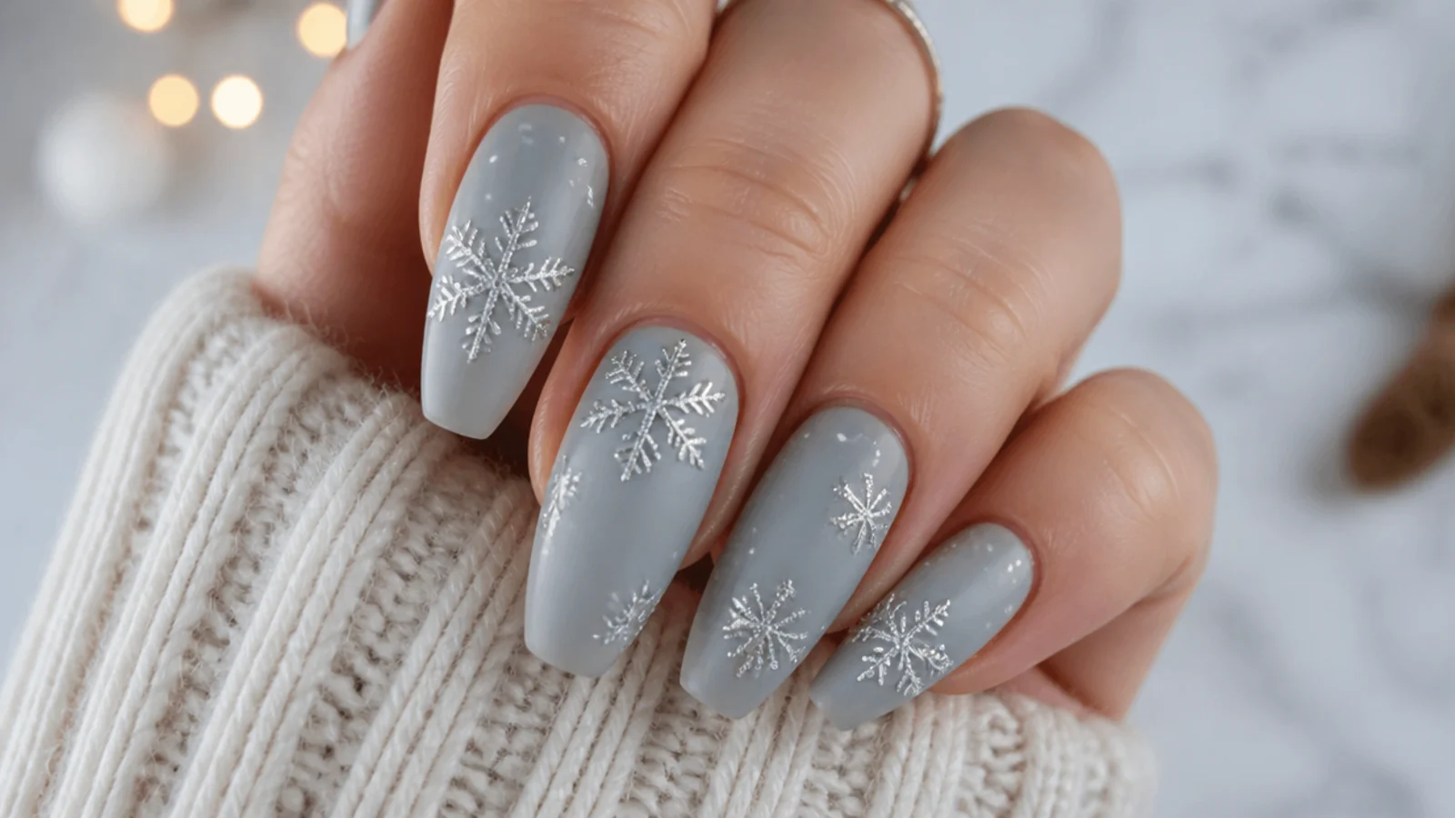 Soft gray acrylic nails with silver snowflakes and scattered dots