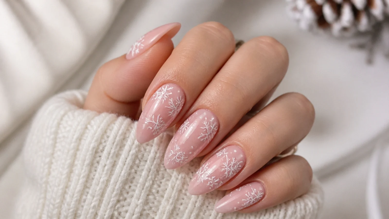 Soft pink acrylic nails with white snowflakes for a cozy winter look