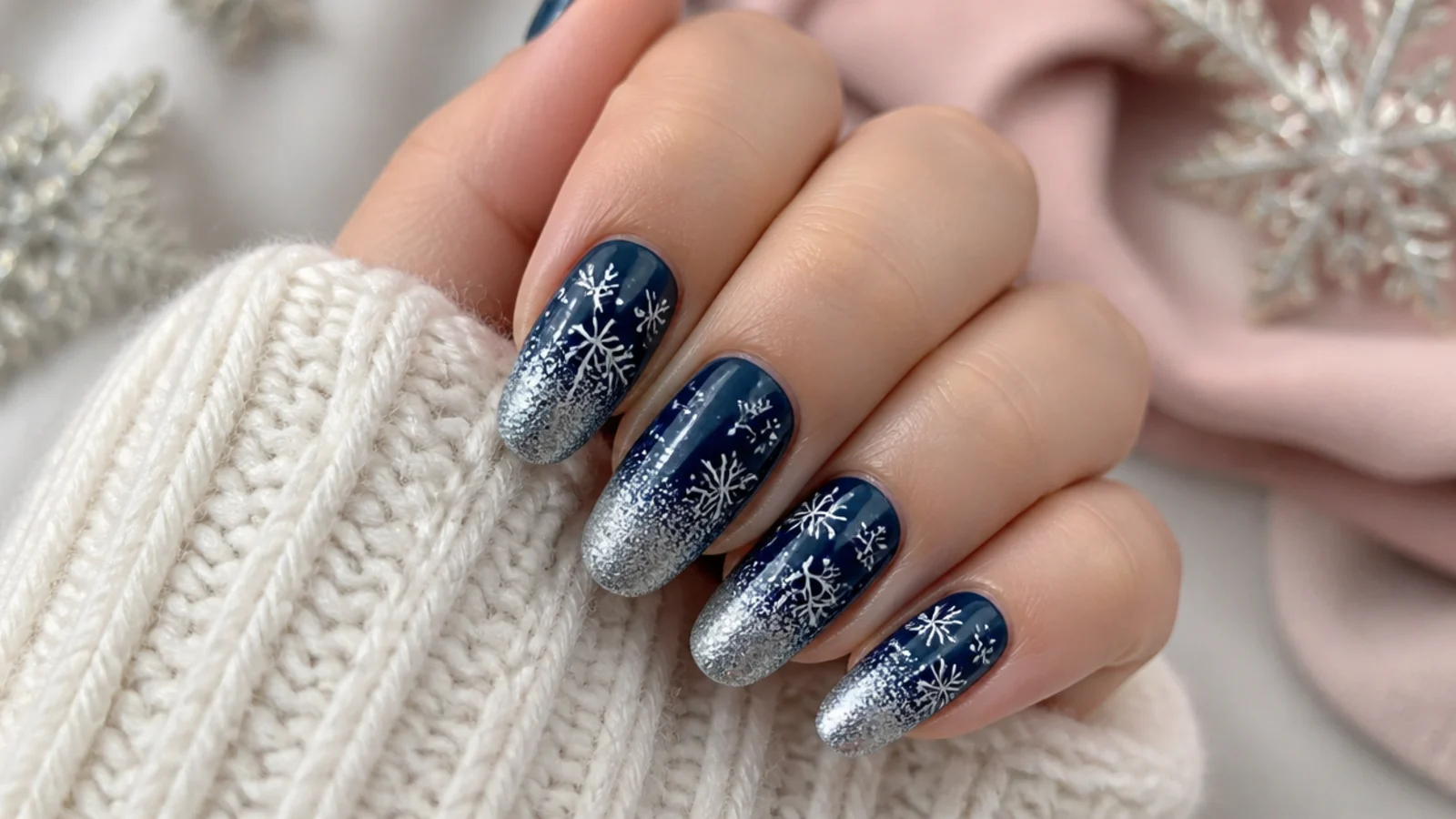 Navy to silver glitter ombre acrylic nails with white snowflakes