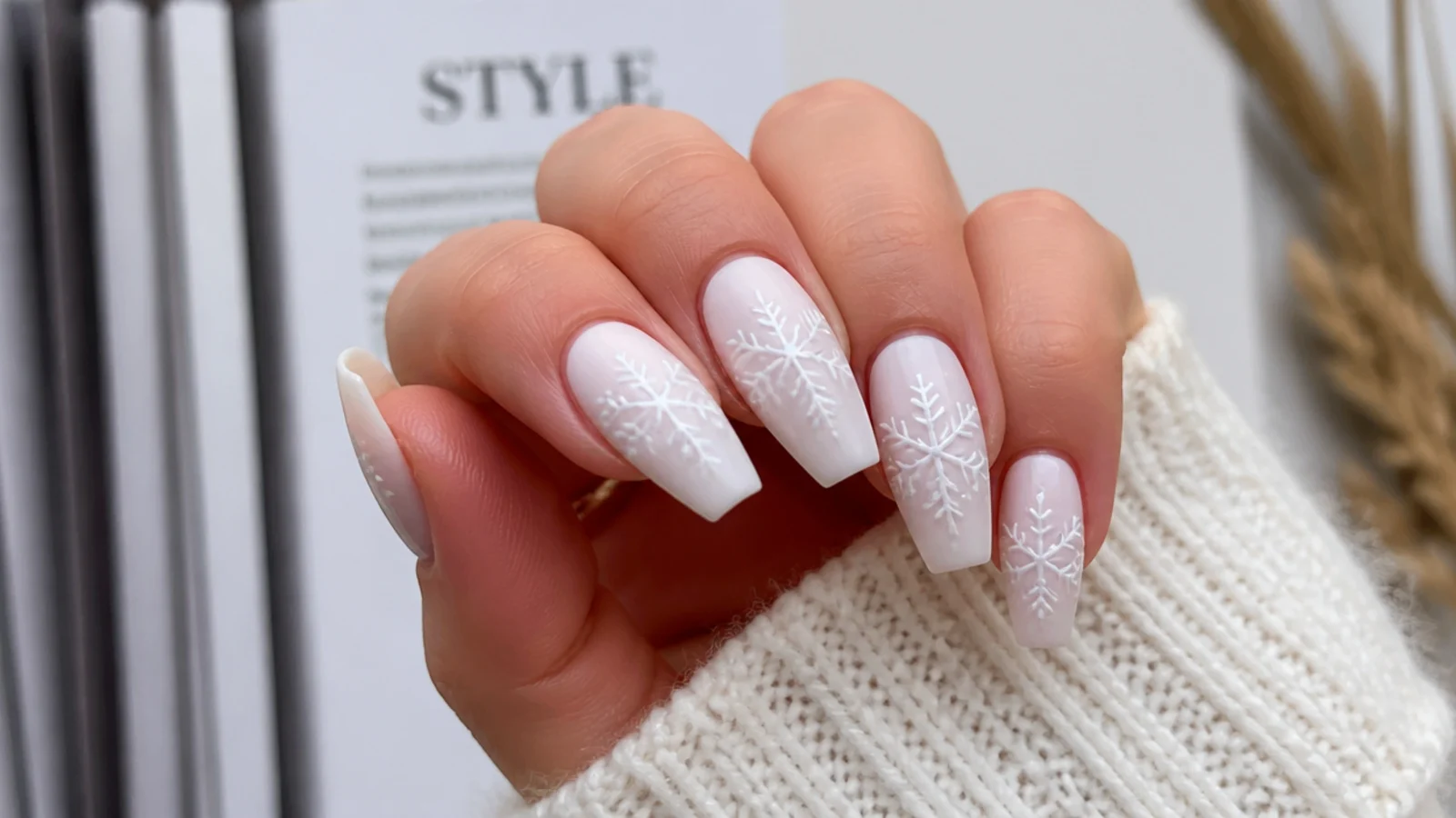 Matte white acrylic nails with glossy white snowflakes