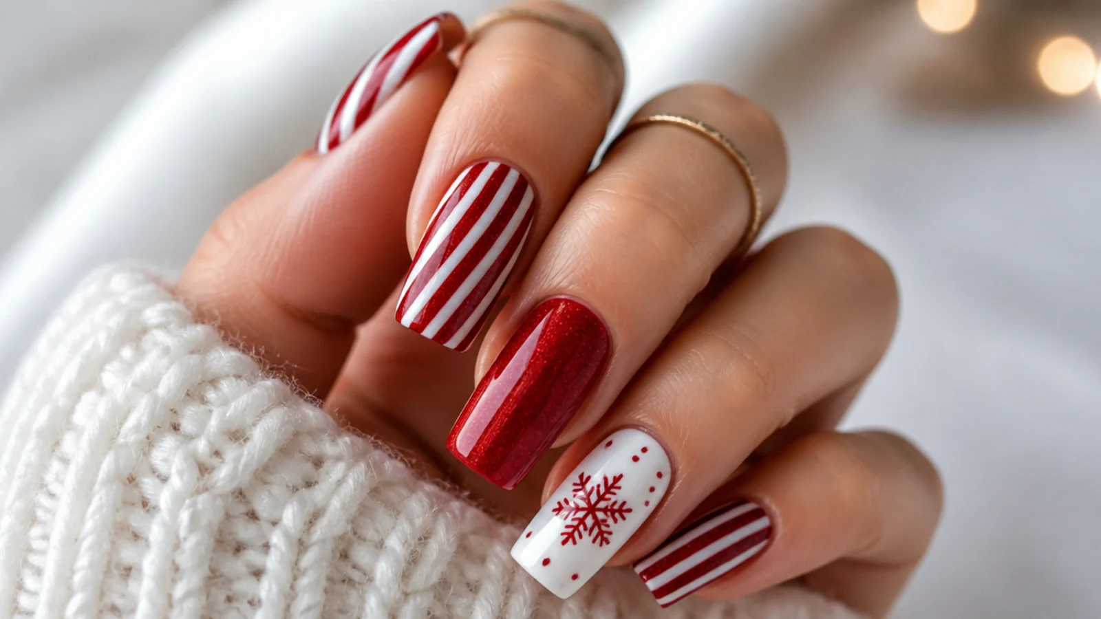 Red and white striped acrylic nails with a white snowflake accent