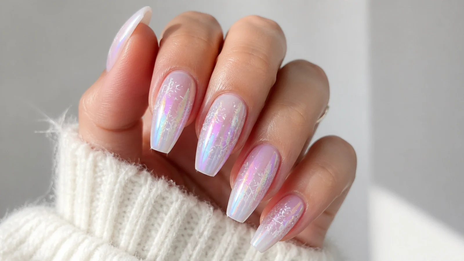 Iridescent aurora acrylic nails with white snowflakes
