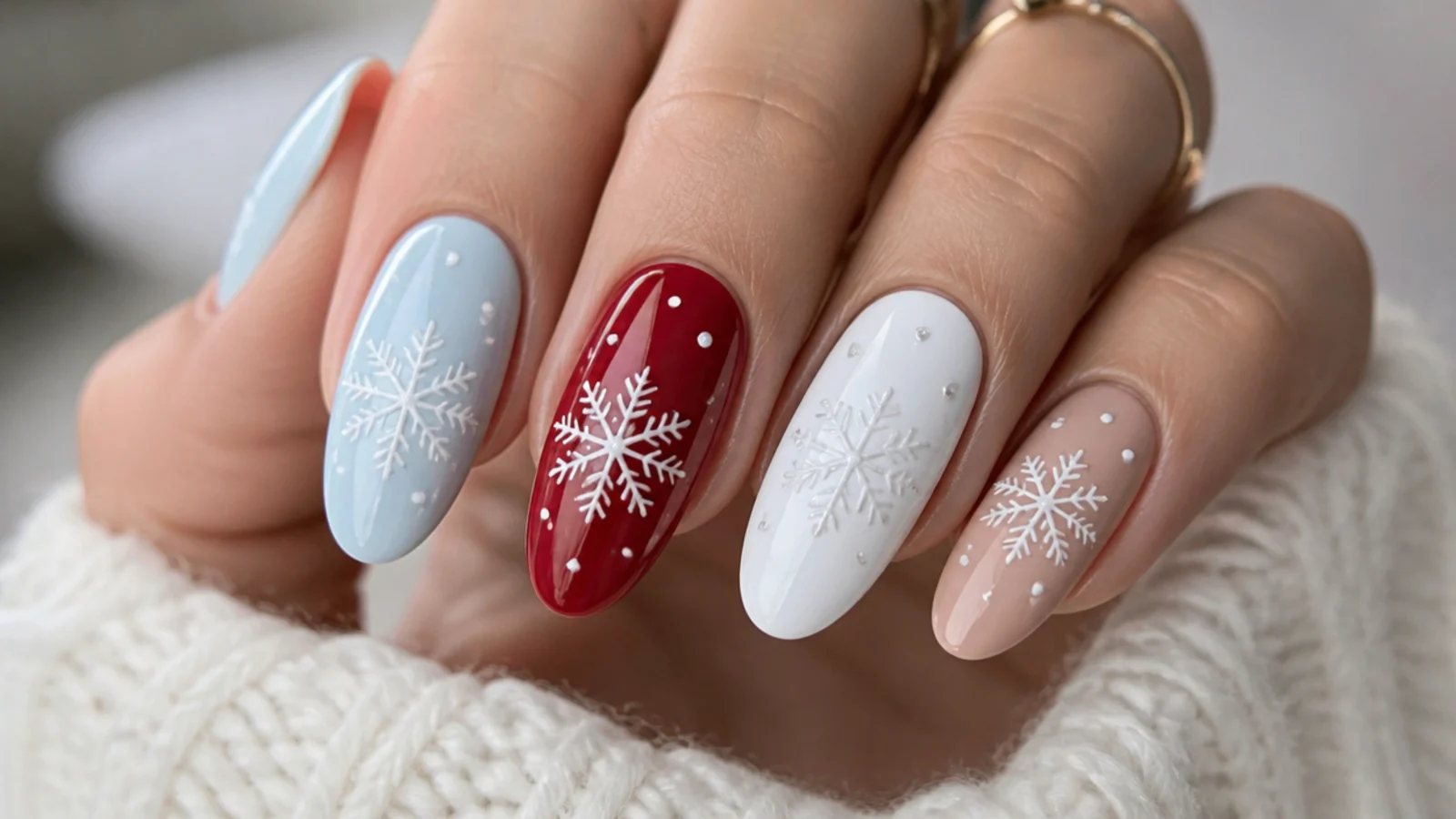 Icy blue, red and white, and nude snowflake nail swatches side by side