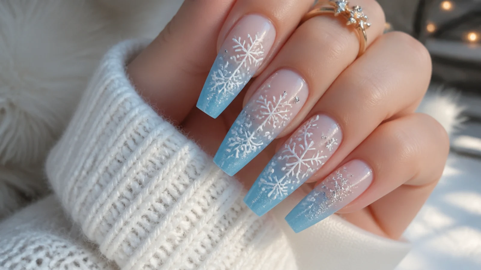 Icy blue acrylic nails with white and silver painted snowflakes on a coffin shape