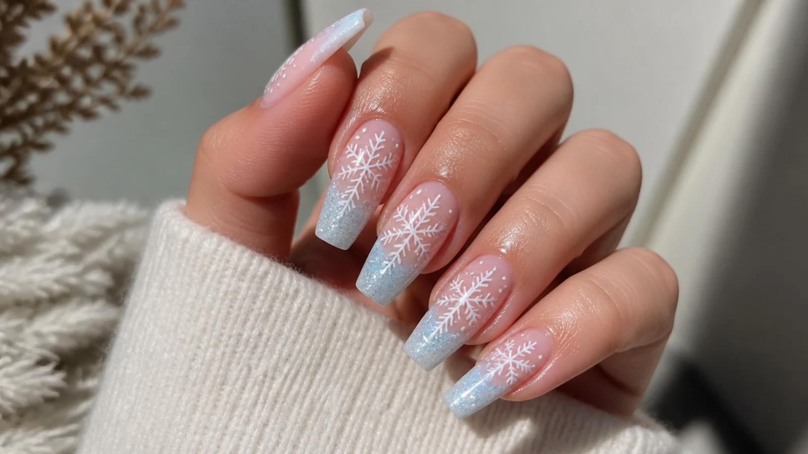 A well-sealed snowflake acrylic manicure with cuticle oil