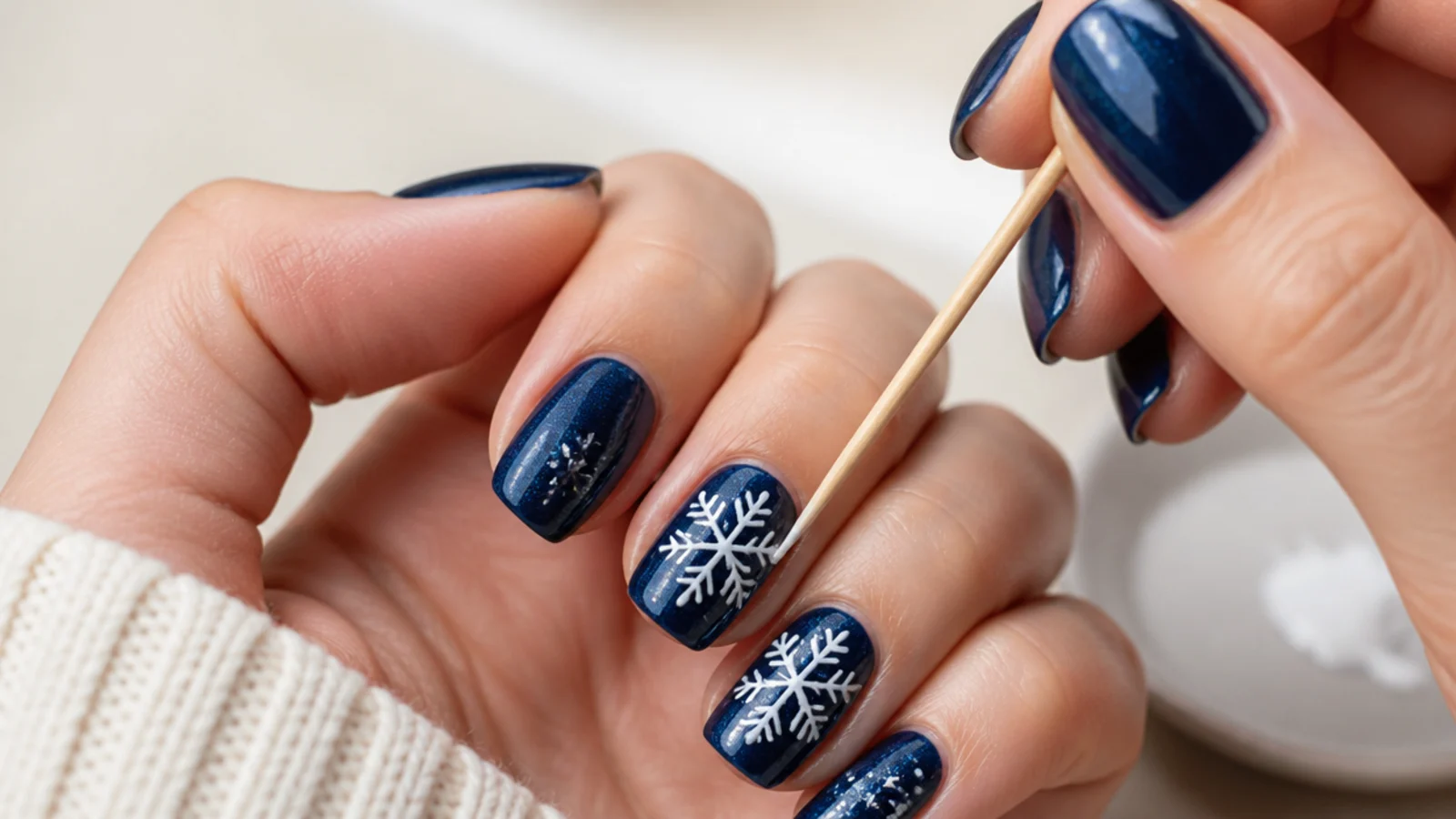 A bobby pin and toothpick dotting snowflake arm ends on a nail