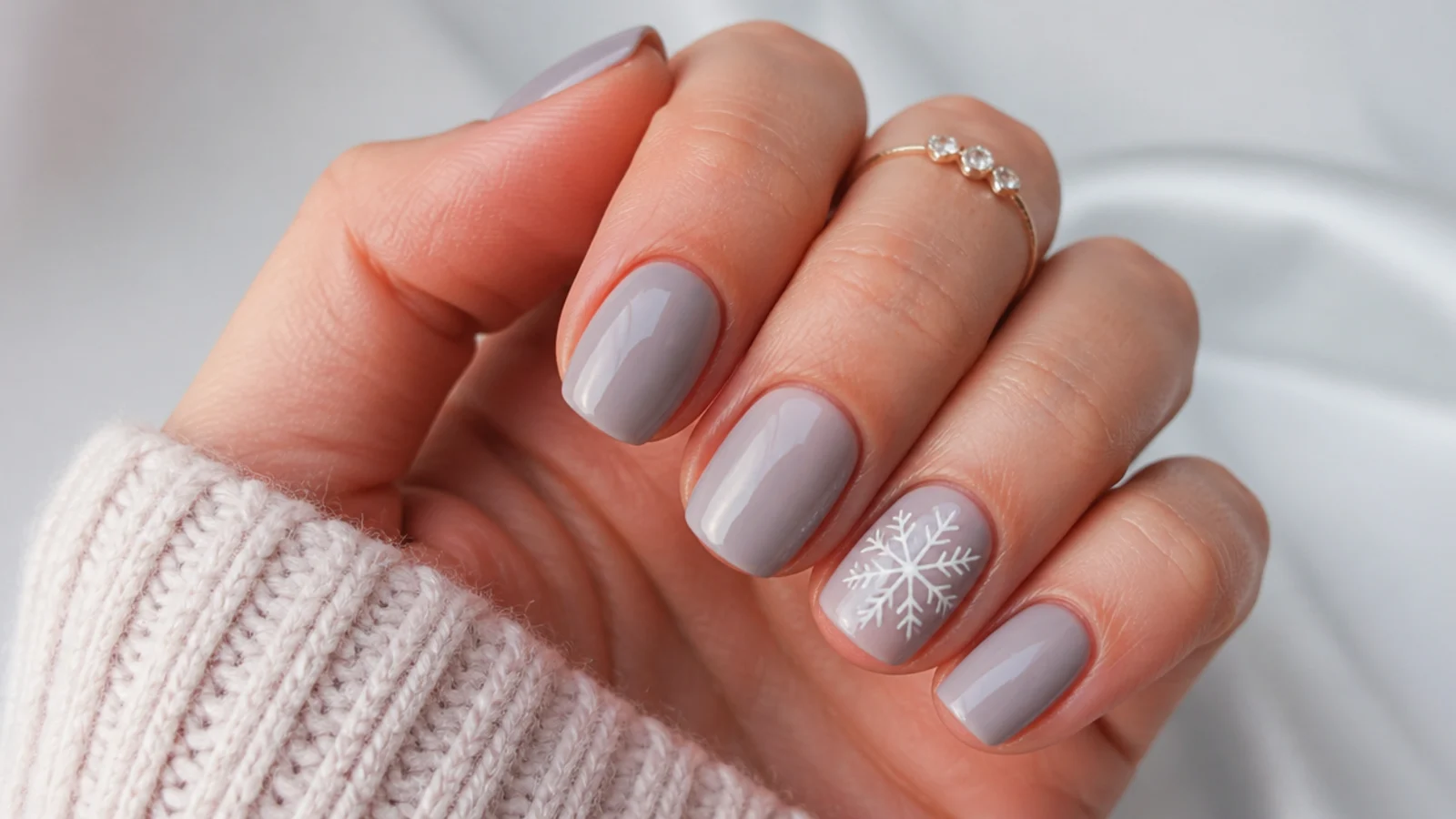 Short acrylic nails with one white snowflake accent on the ring finger